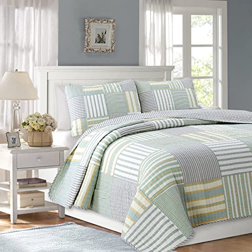 Cozy Line Home Fashions Grün Gelb Blau Plaid Gestreift Echtes Patchwork 100% Baumwolle Wendedecke Tagesdecke Steppdecke Bettwäsche Set (Grün Patchwork, King - 3-teilig) von Cozy Line Home Fashions