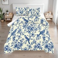Toile De Jouy Schmusetuch Set Blau Weiß Vögel Blumen Wendbare Mikrofaser Bettwäsche 230x230cm von CozyCushionCove
