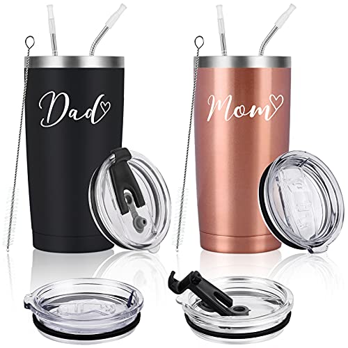 Mom and Dad Travel Tumbler Set, Funny Christmas Gifts for New Parents New Pregnancy New Dad New Mom Anniversary Birthday, Stainless Steel Insulated Travel Tumbler with 2 Lids(20oz, Black & Rose Gold) von CozyHome