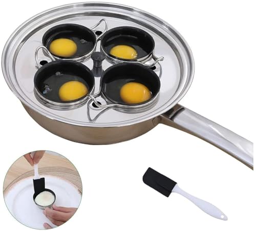 Eierpochierpfanne mit 4 Tassen â€“ Edelstahl pochiert Eierkocher â€“ Induktion Kochfeld Eierpochierer Kochgeschirr Set mit 4 antihaftbeschichteten groÃŸen Silikon-Eierpochierbechern + Silikon-Spatel von CozyKit