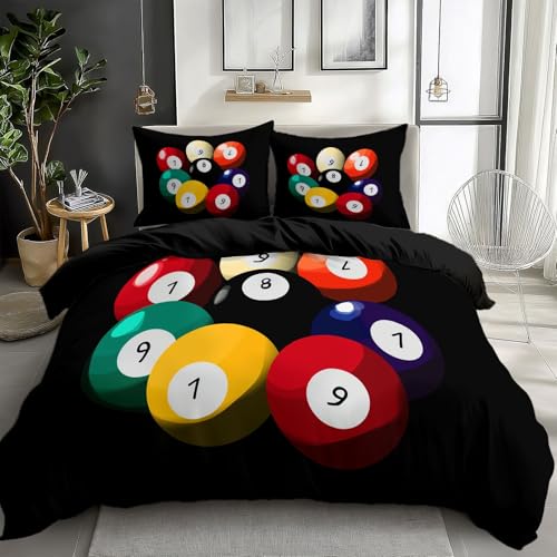 Bettbezug 135 x 200 cm Bettwäsche Set 3 Teilig mit 2 Kissenbezügen, Muster Billard Snooker Billardspiel Cartoon-Stil Wende Schwarz Bettwäsche für Erwachsene, aus Weiche Mikrofaser mit Reißverschluss von CozyRest