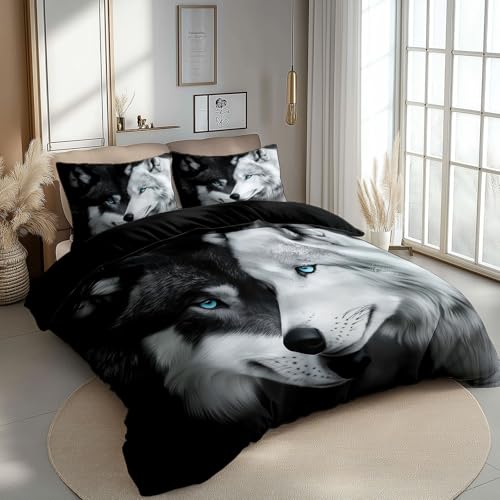 Bettbezug 180 x 200 cm Schwarzer und weißer Wolf als Tier Muster 3 Teilig Bettwäsche-Sets Weich mit 2 mal Kissenbezüge 80x80 cm, Bügelfrei Klassisches Schwarz Bettbezug für Allergiker geeignet von CozyRest
