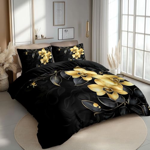 Bettwäsche 240 x 220 cm Goldene Orchidee mit schwarzen Blättern Wendebettwäsche Set 3 Teilig Microfaser Deckenbezug Schwarz Bettbezug mit Reißverschluss und 2 Kopfkissenbezug 80 x 80 cm von CozyRest