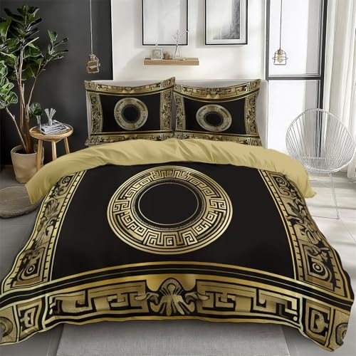 Bettwäsche Set 135x200 CM Braun Bettbezug Wendebettwäsche Drucken Bettbezug Set 3teilig mit Kissenbezug 80x80 cm, Schwarz-Gold-griechische mäandernde Geometrie Bettwäsche Bettbezug mit Reißverschluss von CozyRest