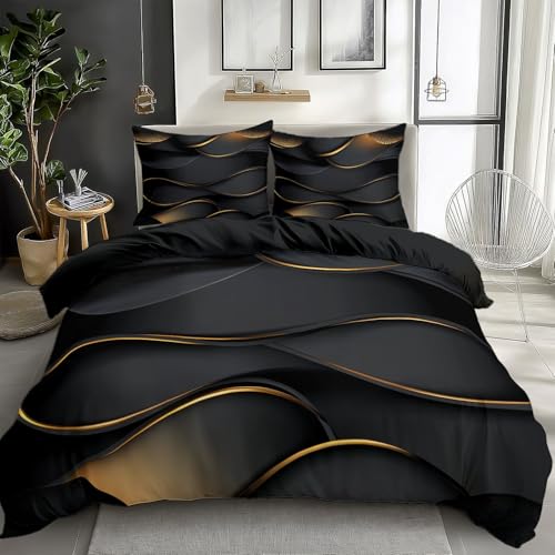 Bettwäsche Set Mikrofaser, Superweich & Atmungsaktiv, Geometrisches Schwarz und Gold Bettbezug für Kindbett, Pflegeleicht, für Allergiker, Ganzjahres geeignet, mit Reißverschluss 200 x 200 cm von CozyRest
