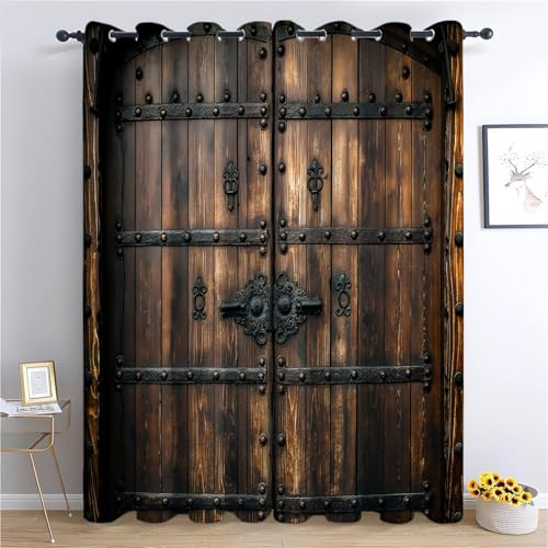 Blickdichte Gardinen Holztür Mit Eisenstange Im Mittelalterlichen Stil Verdunkelungsvorhang - Lichtundurchlässige Vorhang mit Ösen für Schlafzimmer Geräuschreduzierung 214 x 91.5 cm (HxB), 2er Set von CozyRest