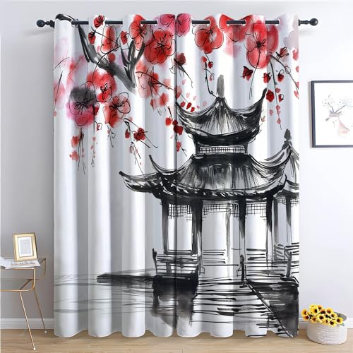 Blickdichte Vorhänge, Aquarellkunst Verdunkelungsvorhang - Pavillon für Tuschmalerei Mit Roten Blumen 215 x 110 cm - Vorhänge Mit Ösen, Polyester für Schlafzimmer Wohnzimmer, Geräuschreduzierung 2 St Blickdichte Vorhänge, Aquarellkunst Verdunkelungsvorhang - Pavillon für Tuschmalerei Mit Roten Blumen 215 x 110 cm - Vorhänge Mit Ösen, Polyester für Schlafzimmer Wohnzimmer, Geräuschreduzierung 2 St von CozyRest