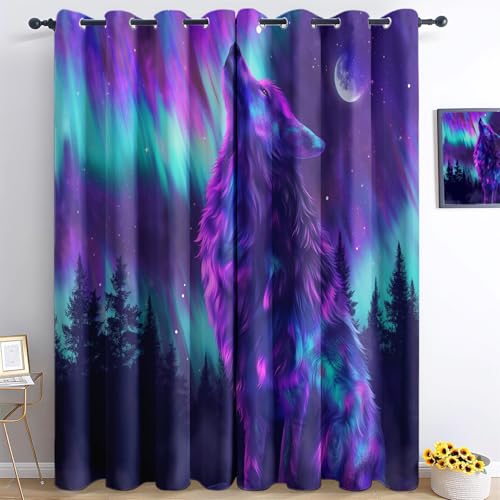 Blickdichte Vorhänge Schlafzimmer Wohnzimmer Verdunkelungsvorhang Nordlichttier Wolfsheulen Blickdicht Vorhänge Kinderzimmer Schlafzimmer Thermovorhang Mit Ösen Zauberwald 215 x 110 cm（H X B） 2Er Set von CozyRest