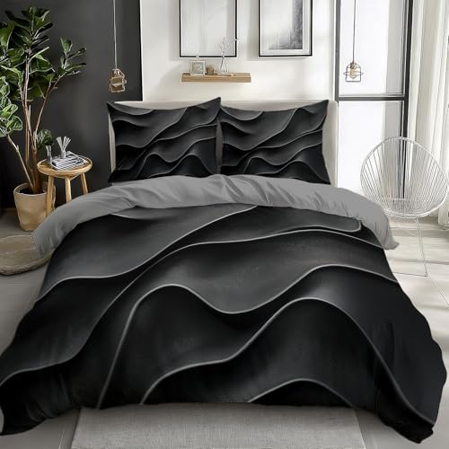 CozyRest 3 teilig Bettwäsche-Sets 155 x 220 cm Grau - Bettbezug mit Wellenförmige 3D-Linien Muster, Mikrofaser mit Reißverschluss Atmungsaktiv Weich und Bügelfrei, Kissenbezug 80x80 cm von CozyRest