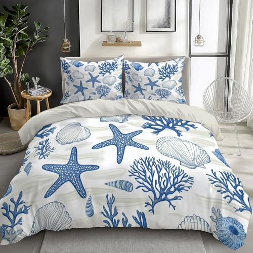 CozyRest Bettbezug Blauer Seestern Koralle Muscheln Thema 240 x 220 cm Wendebettwäsche aus Mikrofaser für Kind Paar, Modern Deckenbezug, Mit 2x80x80 cm Kissenbezug und Reißverschluss von CozyRest