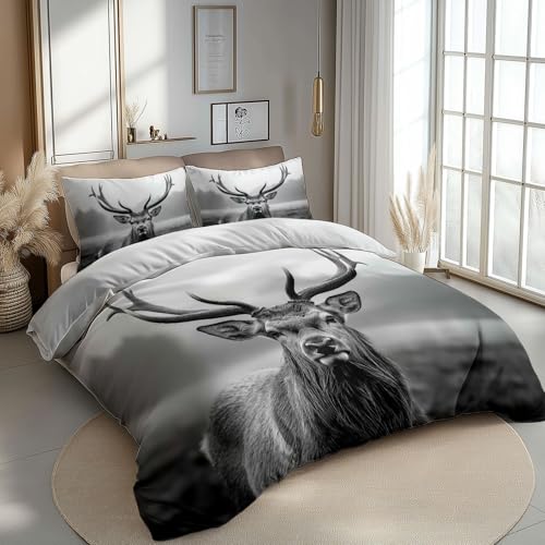 CozyRest Bettbezug Tierfoto mit schwarz-weißem Hirsch Thema 240 x 220 cm Wendebettwäsche aus Mikrofaser für Kind Paar, Hellgrau Deckenbezug, Mit 2x80x80 cm Kissenbezug und Reißverschluss von CozyRest