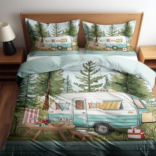 CozyRest Bettbezug Türkisfarbener Vintage-Camper Thema 135 x 200 cm Wendebettwäsche aus Mikrofaser für Kind Paar, Hellgrün Deckenbezug, Mit 2x80x80 cm Kissenbezug und Reißverschluss von CozyRest