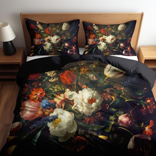 CozyRest Bettwäsche 100 x 135 cm Bettbezug Set 2 Teilig mit 1 Kissenbezügen, Muster Blumig Frisch-Blumig Wende Schwarz Bettwäsche für Teenager Kinder, aus Weiche Mikrofaser mit Reißverschluss von CozyRest