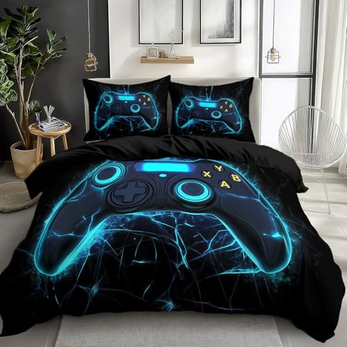 CozyRest Bettwäsche 135 x 200 cm Leuchtend Blauer Game Controller BettwäSche Set Drucken Mikrofaser Doppelseitig Weiche Schwarz Bettbezug mit Reißverschluss und 2 Kissenbezug 80x80cm von CozyRest