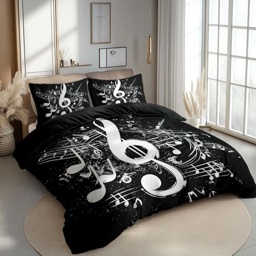 CozyRest Bettwäsche Set 135 x 200 cm Wende Bettbezug Set, Schwarz, Rock-Stil Musiknoten Notensysteme, Weiche Vier Jahreszeiten Bettbezug mit Reißverschluss und 80x80cm Kissenbezug von CozyRest