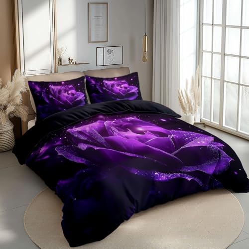 CozyRest Bettwäsche Set 155 x 220 cm Wende Bettbezug Set, Schwarz, Traumhafte lila Rosen, Weiche Vier Jahreszeiten Bettbezug mit Reißverschluss und 80x80cm Kissenbezug von CozyRest