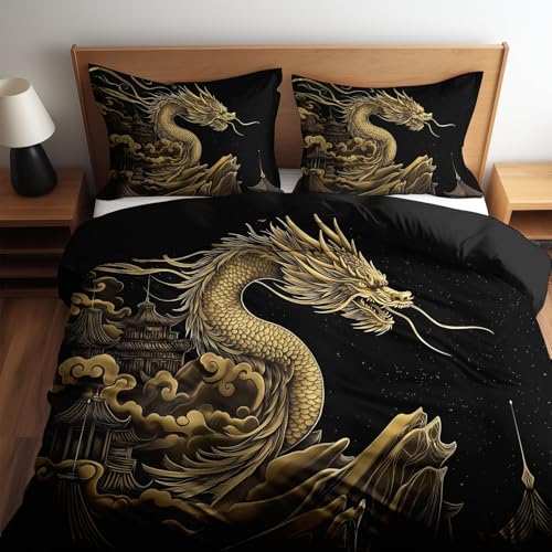 CozyRest Bettwäsche Set Goldener Drache Fantasy-Kunst Schwarz, 155 x 220 cm Bettbezug, Mikrofaser Wendebettwäsche mit Reißverschluss, 2 Kissenbezüge 80x80 cm, Weich & Pflegeleicht, Einzelbett CozyRest Bettwäsche Set Goldener Drache Fantasy-Kunst Schwarz, 155 x 220 cm Bettbezug, Mikrofaser Wendebettwäsche mit Reißverschluss, 2 Kissenbezüge 80x80 cm, Weich & Pflegeleicht, Einzelbett von CozyRest