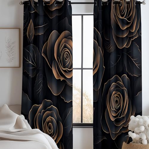 CozyRest Blackout Vorhänge Blickdicht mit Ösen, 2-Set 214 x 91.5 cm Weiche Verdunklungsvorhänge für Wohnzimmer Kinderzimmer mit Rose schwarz und Gold Schiebevorhänge von CozyRest