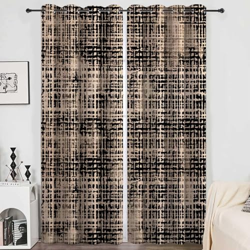 CozyRest Blickdichte Gardinen Braunes Und Schwarzes Gitter Verdunkelungsvorhang - Lichtundurchlässige Vorhang mit Ösen für Schlafzimmer Geräuschreduzierung Komplexer Webeffekt 230 x 117 cm, 2er Set von CozyRest