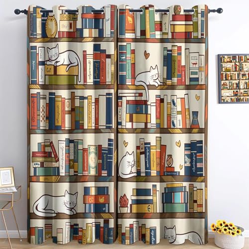 CozyRest Blickdichte Gardinen Bücherregal Mit Süßer Katze Verdunkelungsvorhang - Vorhang mit Ösen Geräuschreduzierung für Schlafzimmer H160 x B70cm, 2er Set von CozyRest