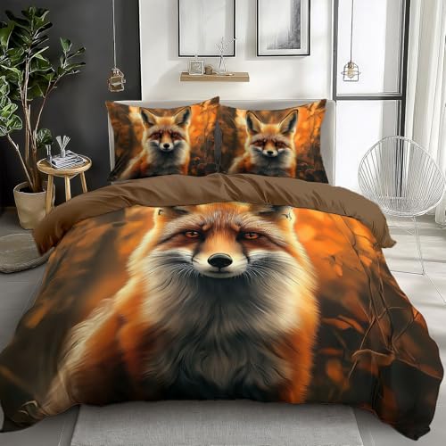 CozyRest Braun Bettwäsche 180 x 200 cm Reversibel, Waldtier Rotfuchs Mikrofaser Bedruckte Bettbezug Set 3 teilig - 1 Flauschige Bettbezug und 2 Kissenbezug 80x80 cm Weich und Bügelfrei von CozyRest