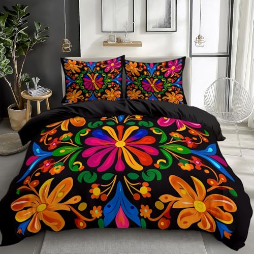 CozyRest Farbenfrohe mexikanische Volkskunst Kinderbettwäsche 100 x 135 cm 2 teilig Hypoallergen Bettbezug, Bettwäsche Set Bettdeckenbezug mit Reißverschluss mit 1Stk Kissenbezüge 40x60cm, Schwarz von CozyRest