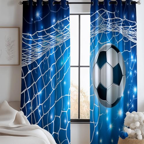 CozyRest Gardinen Kinderzimmer Schlafzimmer 214 x 91.5 cm (H x B) Thermovorhang Verdunkelungsvorhang Blauer Sternenhimmel Jungen Vorhänge 3D-Fußball Blickdicht Ösenvorhang 2Er Set von CozyRest