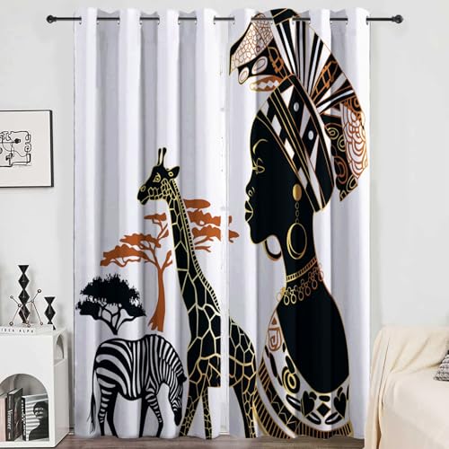 CozyRest Gardinen Kinderzimmer Schlafzimmer 260 x 140 cm (H x B) Thermovorhang Verdunkelungsvorhang Afrikanischer Stamm Jungen Vorhänge Afrikanische Frau Blickdicht Ösenvorhang 2Er Set von CozyRest