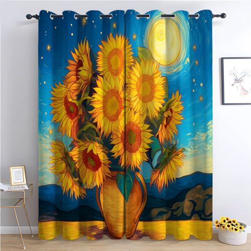 CozyRest Gardinen Sonnenblumen im Ölstil 2 Stück Verdunklungsvorhänge Mit Ösen Vorhänge Blickdicht Kälte- Und Wärmeisolierung H 214 x B 91.5 cm Vorhang Balkon Schlafzimmer Badezimmer Vorhänge von CozyRest