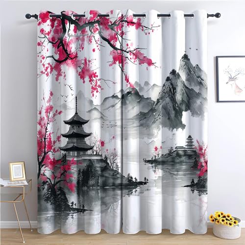 Vorhang Blickdicht Thermovorhang Japanischer Kirschblüten-Tuschemalereistil Muster Vorhänge Geräuschreduzierung Dekoration für Wohnzimmer Fenster Traditionelle orientalische Ästhetik 160 x 70 cm von CozyRest