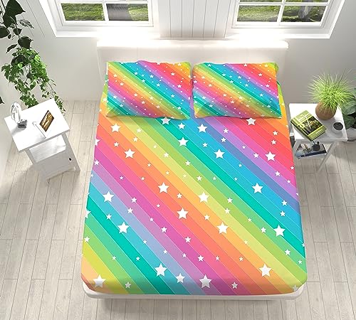 CozyRest Kinder Jungen Mädchen Bettlaken Set Spannbettlaken 90x200 cm Weiches Atmungsaktiv Spannbetttücher Bunte Linien Sterne Muster Tiefe Tasche 30 cm Bettwäsche mit 2 Kissenbezügen 80x80 cm von CozyRest