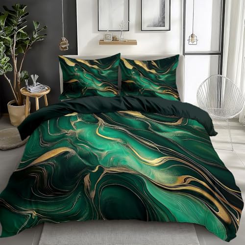 CozyRest Luxus Bettwäsche Set, Mikrofaser Smaragdgrüner und Goldener Marmor Bettbezug, 3-teilig, Antiallergisch, Schlafkomfort für Einzelbett, Weich, Hautfreundlich, Reversibel Olivgrün 135 x 200 cm von CozyRest