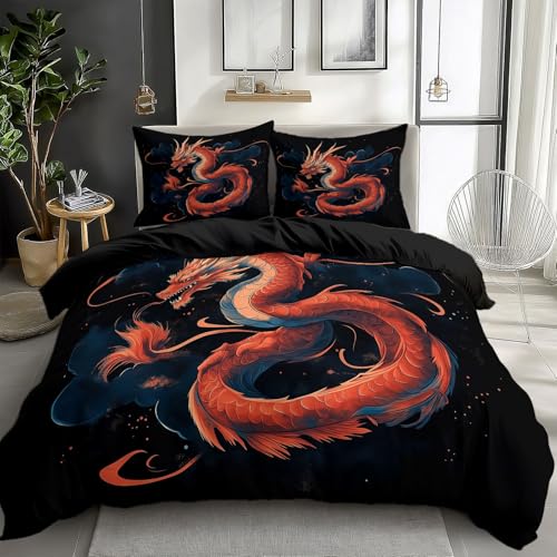 CozyRest Schwarz Bettwäsche 155 x 220 cm Reversibel, Roter Drache Mikrofaser Bedruckte Bettbezug Set 3 teilig - 1 Flauschige Bettbezug und 2 Kissenbezug 80x80 cm Weich und Bügelfrei von CozyRest