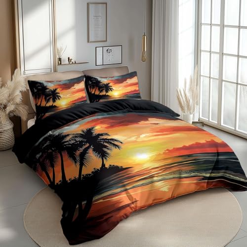 CozyRest Sonnenuntergang Palmen Strand Bettwäsche Set Schwarz Bettdeckenbezug mit Reißverschluss Pflegeleicht Mikrofaser Hypoallergen 180 x 200 cm 2 Kissenbezug 80x80 cm von CozyRest