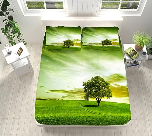 CozyRest Spannbettlaken Set 180x200 cm, EIN Baum Auf Einer GrüNen Wiese Spannbetttuch Weiche Atmungsaktiv Microfaser mit 2 Kissenbezug, Spannbetttücher für bis 25-30 cm Matraze and Kinder Erwachsener von CozyRest