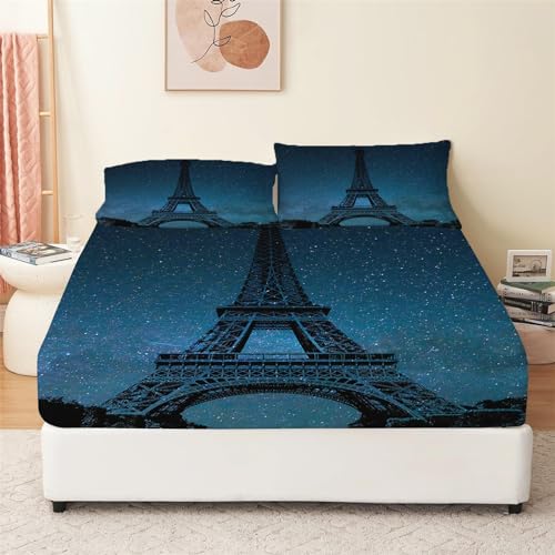 CozyRest Spannbettlaken Set 180x200 cm, Spannbetttuch Eiffelturm Muster Weiche Atmungsaktiv Microfaser mit 2 Kissenbezug, Blau Spannbetttücher für bis 25-30 cm Matraze and Kinder Erwachsener von CozyRest