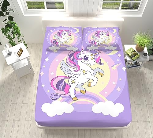 CozyRest Spannbettlaken Set 90x200 cm, Cartoon SüßEs Einhorn Spannbetttuch Weiche Atmungsaktiv Microfaser mit 2 Kissenbezug, Spannbetttücher für bis 25-30 cm Matraze and Kinder Erwachsener von CozyRest