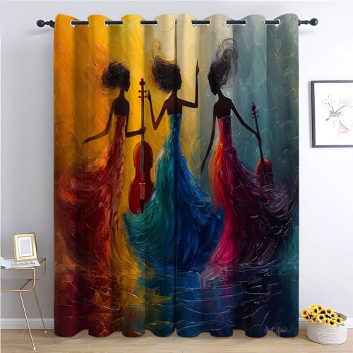 CozyRest Vorhang Blickdicht Thermovorhang DREI Damen Spielen Jazzinstrumente Muster Gardinen Wohnzimmer Vorhänge Geräuschreduzierung Dekoration für Schlafzimmer Wohnzimmer Fenster 160 x 70 cm von CozyRest