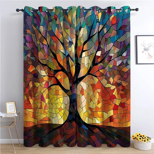 CozyRest Vorhang Blickdicht ösen 2er Set Farbige Buntglasmalerei Stil Baum des Lebens Muster Gardine Lichtundurchlässig Fenstervorhang Wohnzimmer Bunt geometrisch Vorhänge Größe: H 160 x B 70 cm von CozyRest