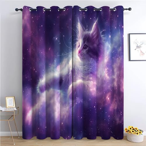 CozyRest Vorhang Blickdicht ösen 2er Set Lila Blaue Sterne Weltraumkatze Muster Gardine Lichtundurchlässig Fenstervorhang Wohnzimmer Vorhänge Größe: H160 x B70cm CozyRest Vorhang Blickdicht ösen 2er Set Lila Blaue Sterne Weltraumkatze Muster Gardine Lichtundurchlässig Fenstervorhang Wohnzimmer Vorhänge Größe: H160 x B70cm von CozyRest