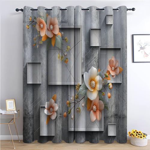 CozyRest Vorhang Blickdicht ösen 2er Set Pflanze Holz Blumen Grau Beton Hintergrund Muster Gardine Lichtundurchlässig Fenstervorhang Wohnzimmer Vorhänge Größe: H 230 x B 117 cm von CozyRest