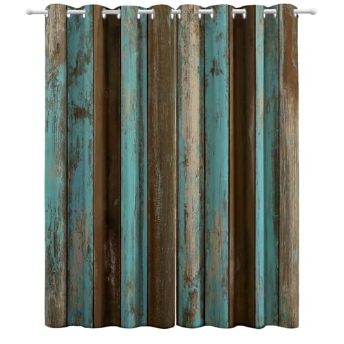 CozyRest Wohnzimmer Vorhänge Braun und türkis alt Holz Ländliches Thema Ösen Gardinen mit Blickdichte Thermo Vorhang Kälteschutz Blackout Curtain Kinderzimmer Schlafzimmer Ösenvorhang 215 x 220 cm von CozyRest
