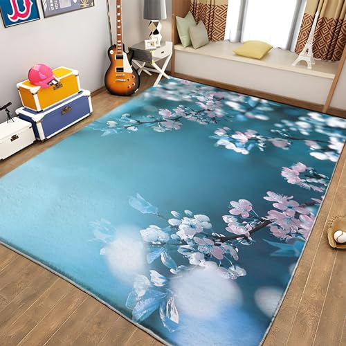 CozyRest Wohnzimmer und Schlafzimmer Teppiche 180x240 cm, Blumen-Sakura-Blau Muster Teppiche Weiche Kurzflor Flanell rutschfeste Fusselfreie Waschbar, Teppich für Kinderzimmer Esszimmer Dekor von CozyRest