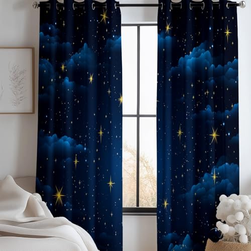 Dunkelblau lichtundurchlässige Vorhänge Goldene Sterne Nachthimmel Sternenhimmel Ösen Gardinen mit Vorhang Kälteschutz Blackout Curtain Kinderzimmer Schlafzimmer Verdunkelung, 2 Stück, H260 x B140 cm von CozyRest
