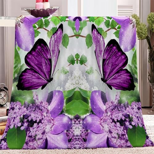Flanelldecke Kuscheldecke 130x150 cm, Lila Schmetterling Lila Blumen Super Soft Weich Wohndecke Warm Flauschig Decke Sofadecke oder Tagesdecke, Wohndecke für Erwachsene und Kinder Geschenk von CozyRest