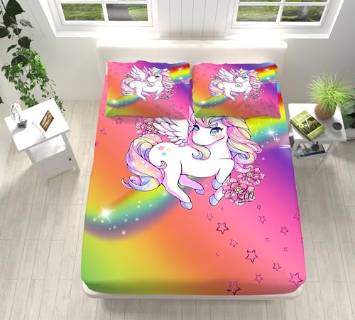 Spannbettlaken Set 200x200 cm, Weiches Atmungsaktiver Mikrofaser Spannbetttuch Cartoon-Regenbogen-Einhorn Muster für Boxspringbett Tiefe 30 cm Spannbettlaken für Kinder und Jugendliche von CozyRest