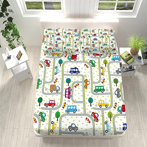 Spannbettlaken Set 90x200 cm, Cartoon-Auto-Handzeichnung Weiches Mikrofaser Spannbetttuch für Boxspringbett Atmungsaktiver Matratzenschoner Tiefe 30 cm für Kinder und Jugendliche von CozyRest