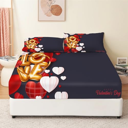 Valentinstag Thema Spannbettlaken 140x200 cm, Goldenes Liebesbriefmuster Leicht Weich Atmungsaktiv Mikrofaser Spannbettlaken Tiefe Tasche 30 cm für Boxspringbetten, Spannbetttuch für Paare von CozyRest