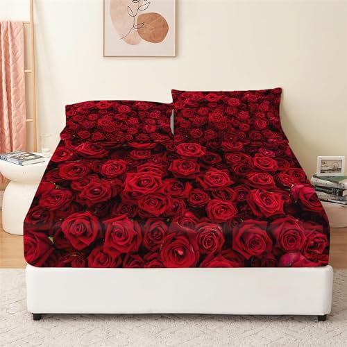 Valentinstag Thema Spannbettlaken 180x200 cm, Romantisches Rotes Rosenmuster Leicht Weich Atmungsaktiv Mikrofaser Spannbettlaken Tiefe Tasche 30 cm für Boxspringbetten, Spannbetttuch für Paare von CozyRest