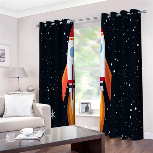 Verdunklungsvorhänge Gardinen mit Ösen Blickdichte Vorhänge Lärmschutzvorhang für Kinderzimmer Thermo Gardinen mit Weltraumraketen-Sterne Muster, 230 x 117 cm (HxB), Schwarz 2er Set Schiebevorhänge von CozyRest